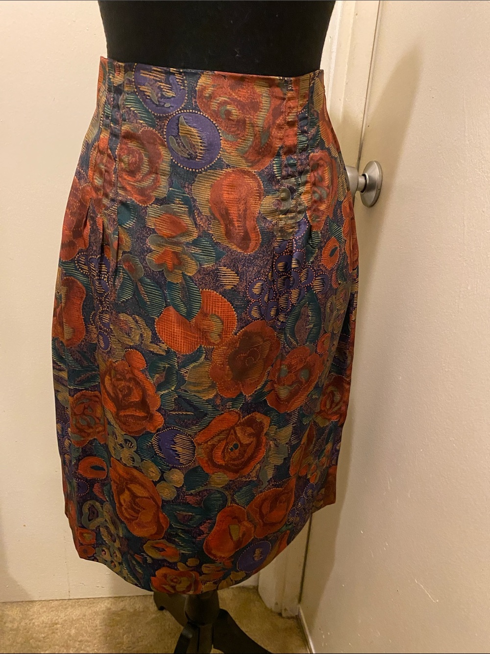 D) OBR Floral Jacquard Pencil Skirt in Orange, Purple, Teal. Sz 10 Waist 15